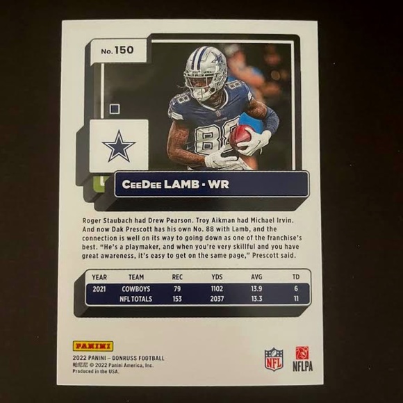 CeeDee Lamb: Dallas Cowboys, Wide Receiver 2022 Panini Donruss Football #150 - Picture 2 of 2